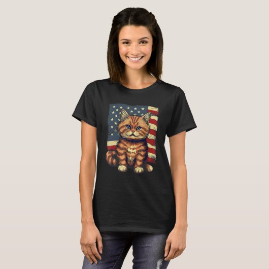 4th Of July US Flag Munchkin Cat T-Shirt (Vorne ganz)