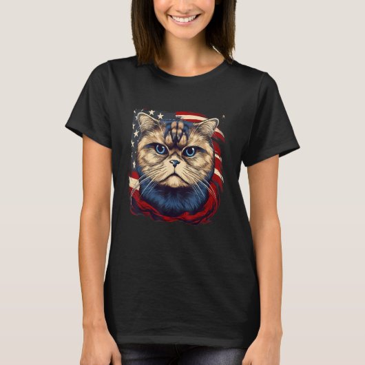 4th Of July US Flag Scottish Fold Cat T-Shirt (Vorderseite)