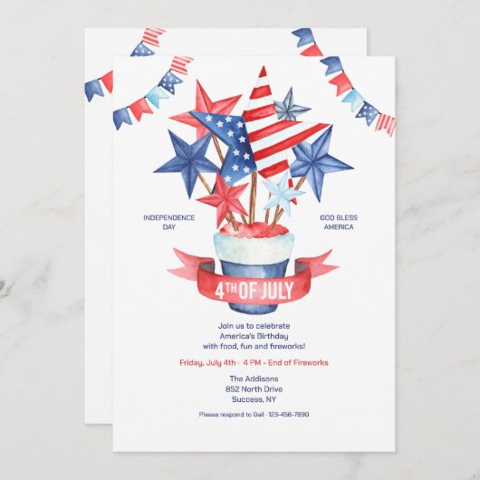 4th of July Watercolor  Einladung (Vorne/Hinten)