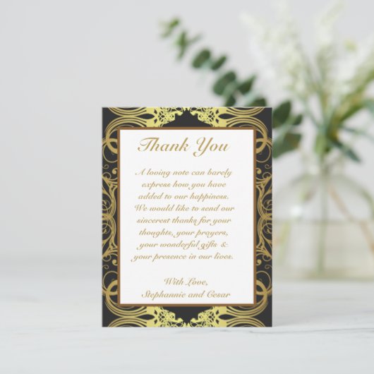 4x5 FLAT Danke Card Gold und Black Damask (Stehend Vorderseite)