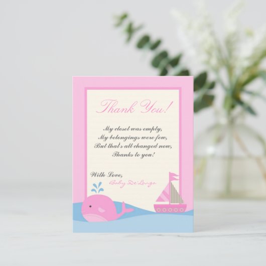 4x5 FLAT Danke Karte Pink Naut Segelboot Whale (Stehend Vorderseite)