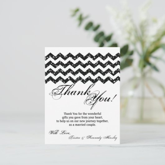 4x5 FLAT Danke Karte Schwarzer Glitzer Zickzack (Stehend Vorderseite)