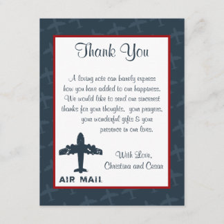 4x5 FLAT Vielen Dank Card Airplane Flug Blau/Rot Dankeskarte