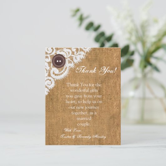 4x5 FLAT Vielen Dank Card Button Burlap Lace Dankeskarte (Stehend Vorderseite)