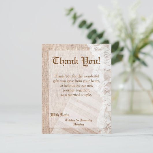 4x5 FLAT Vielen Dank Card Country Lace Handkerchef Dankeskarte (Stehend Vorderseite)