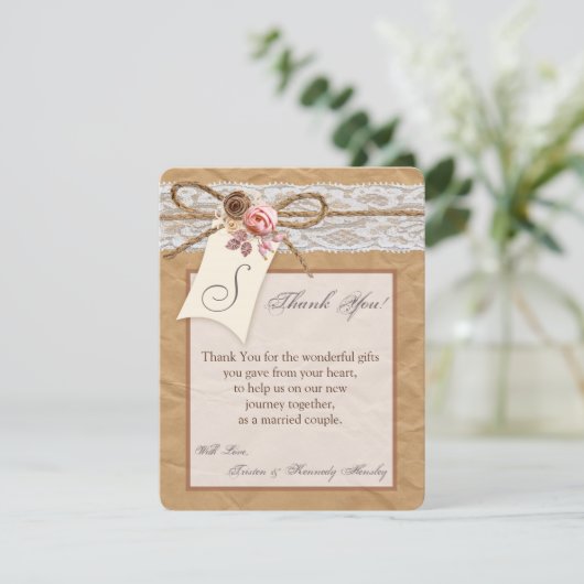 4x5 FLAT Vielen Dank Card Kraft Papier Lace Twine Dankeskarte (Stehend Vorderseite)