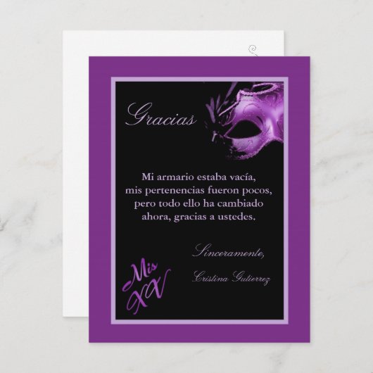 4x5 FLAT Vielen Dank Card Mis XV Lila Morado Dankeskarte (Vorne/Hinten)