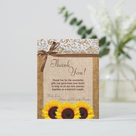 4x5 FLAT Vielen Dank Card Sonnenblumen Lace Burlap Dankeskarte (Stehend Vorderseite)