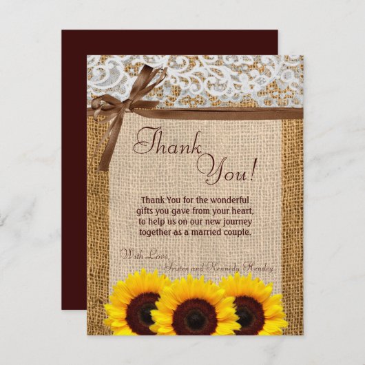 4x5 FLAT Vielen Dank Card Sonnenblumen Lace Burlap Dankeskarte (Vorne/Hinten)