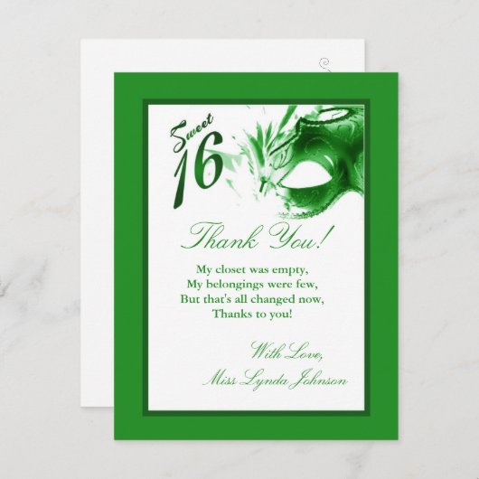 4x5 FLAT Vielen Dank Card Sweet 16 Green Party Dankeskarte (Vorne/Hinten)