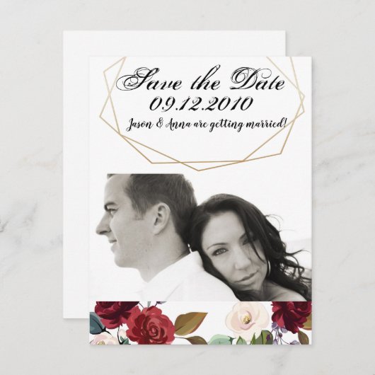 4x5 Save the Date Karte Weiße Rosen Gold Geometrie (Vorne/Hinten)