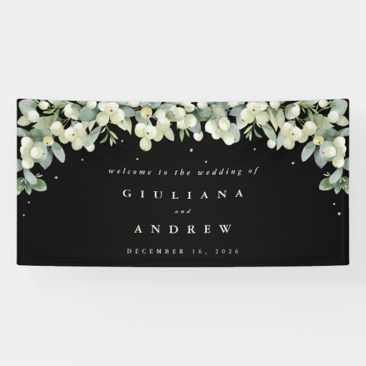 4'x8' Black Snowberry+Eukalyptus Wedding Willkomme Banner (Horizontal)