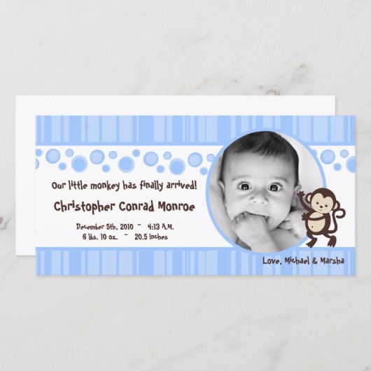4x8 Blue Boy Pop Monkey Foto Geburtsankündigung Ankündigung (Vorne/Hinten)