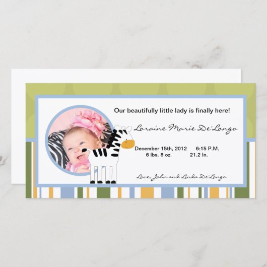 4x8 Foto Geburtserklärung Safari Friends Zebra Ankündigung (Vorne/Hinten)