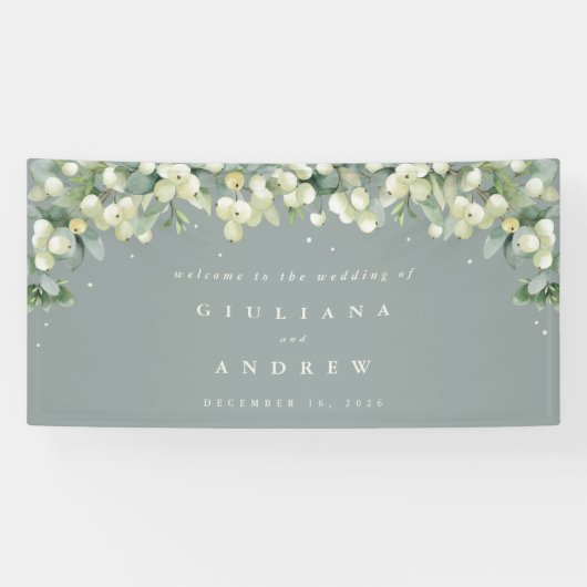4'x8' Green Snowberry+Eucalyptus Wedding Willkomme Banner (Horizontal)