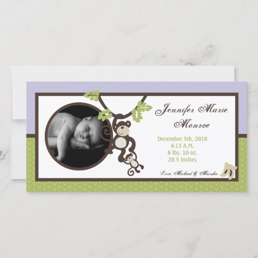 4x8 Monkey Time Dschungel Foto Geburtsankündigung Ankündigung (Vorderseite)