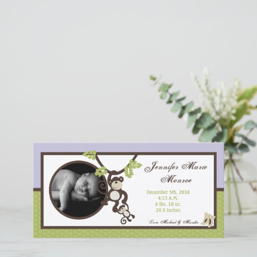 4x8 Monkey Time Dschungel Foto Geburtsankündigung Ankündigung (Stehend Vorderseite)