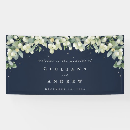 4'x8' Navy Snowberry+Eucalyptus Wedding Willkommen Banner (Horizontal)