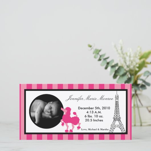 4x8 Pink Poodle Paris Eiffel Geburtserklärung Ankündigung (Stehend Vorderseite)