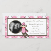 4x8 Rosa Raute Sock Monkey Geburtsankündigung Ankündigung (Vorderseite)