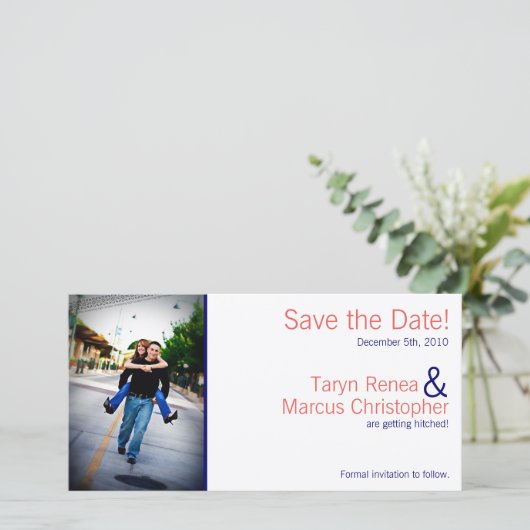 4x8 Verlobung Ankündigung Coral Navy Blue Chevro (Stehend Vorderseite)