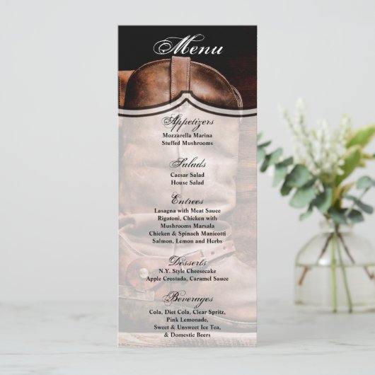 4x9.25 Karten mit Menü Cowboy Boots Barn Wood Rust (Stehend Vorderseite)