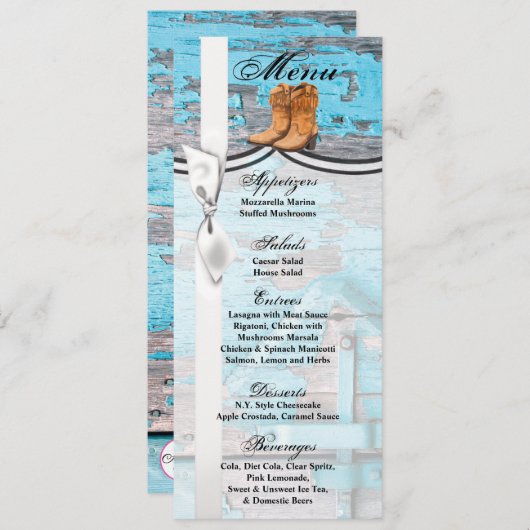4x9,25 Menü Cards Blue Wood Barn Door Boots Einladung (Vorne/Hinten)