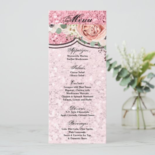 4x9.25 Menü Cards Geometric Garden Rose Glitzer Einladung (Stehend Vorderseite)