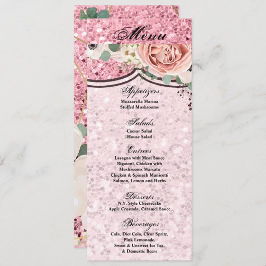 4x9.25 Menü Cards Geometric Garden Rose Glitzer Einladung (Vorne/Hinten)