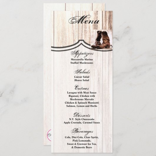 4x9,25 Menükarten Boots Country Rustic Western Wea Einladung (Vorne/Hinten)