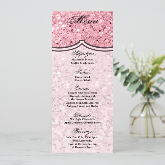 4x9.25 Menükarten Rose Gold Glitzer Einladung (Stehend Vorderseite)