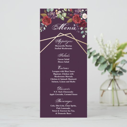 4x9.25 Menükarten Zahlreiche Lila Rose Gold Geomet Einladung (Stehend Vorderseite)