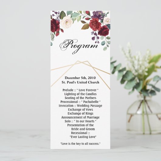 4x9.25 Programmkarten Weiße Rosen Gold Geometric F Einladung (Stehend Vorderseite)