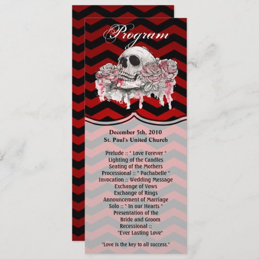 4x9.25 Rose Skull-Karten Gothisch Zickzack rot Einladung (Vorne/Hinten)