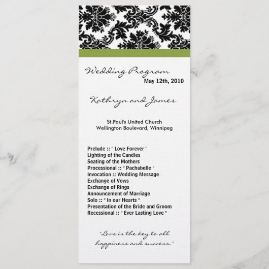 4x9 Hochzeitsprogramm - Schwarze Damaskus und Grün Programm (Vorderseite)