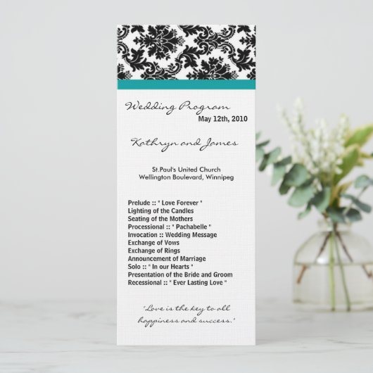 4x9 Hochzeitsprogramm - Schwarzer Damast Aquamarin Programm (Stehend Vorderseite)