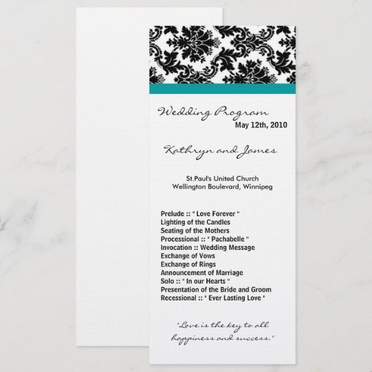 4x9 Hochzeitsprogramm - Schwarzer Damast Aquamarin Programm (Vorne/Hinten)