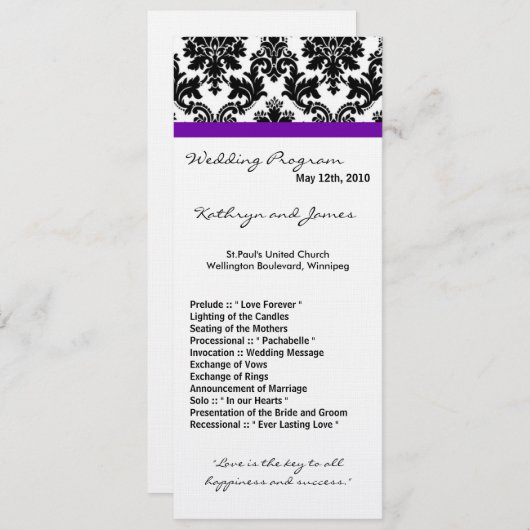 4x9 Hochzeitsprogramm - Schwarzer Damast und Lila Programm (Vorne/Hinten)