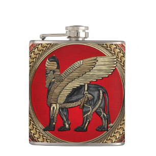 [500] Assyrian Winged Lion: Gold & Black Lamassu Flachmann