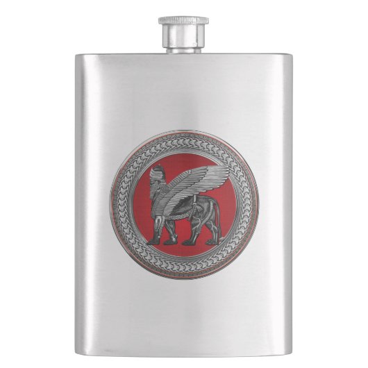[500] Assyrian Winged Lion: Silver & Black Lamassu Flachmann (Vorderseite)