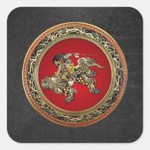 [500] Hokusai - Shoki Riding Shishi Lion Quadratischer Aufkleber