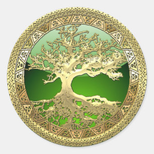[500] Keltischer Lebensbaum [Gold] Runder Aufkleber