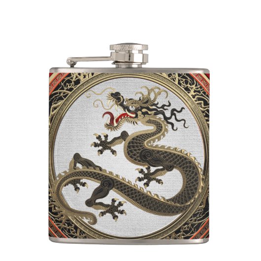 [500] Schwarzer und Gold Heiliger Ostdrache Flachmann (Vorderseite)