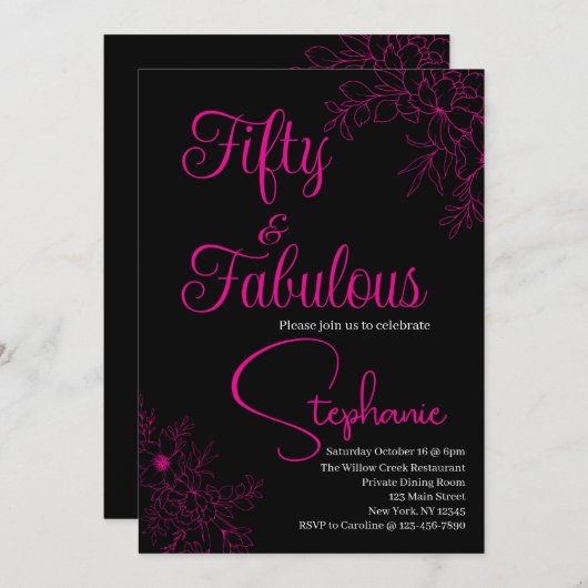 50 and Fabulous | 50th Birthday Party Black Pink Einladung (Vorne/Hinten)