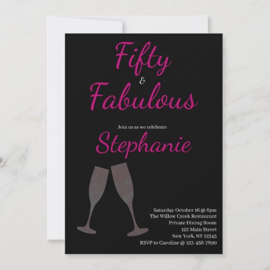 50 and Fabulous | 50th Birthday Party Black Pink Einladung (Vorderseite)