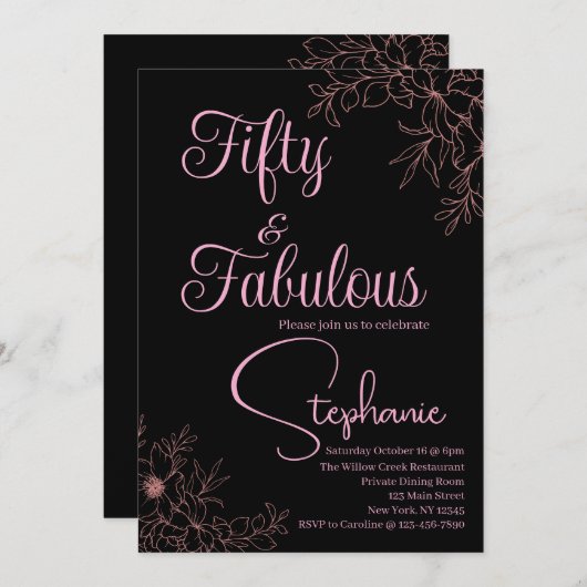 50 and Fabulous | 50th Birthday Party Black Pink Einladung (Vorne/Hinten)