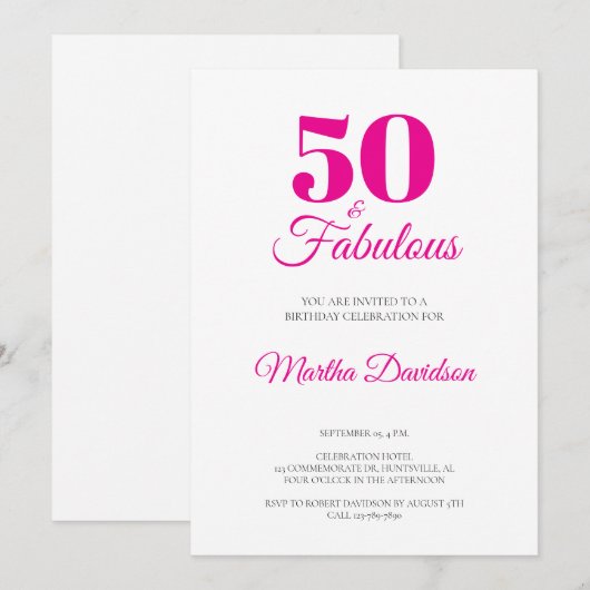 50 and Fabulous 50th Birthday Party invitation Einladung (Vorne/Hinten)