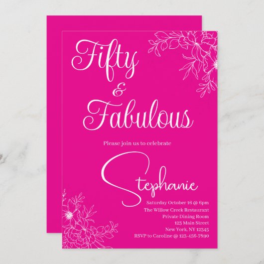 50 and Fabulous | 50th Birthday Party Pink White Einladung (Vorne/Hinten)