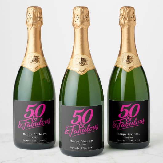 50 and Fabulous Birthday Chic Pink Script Schaumweinetikett (Flaschen)