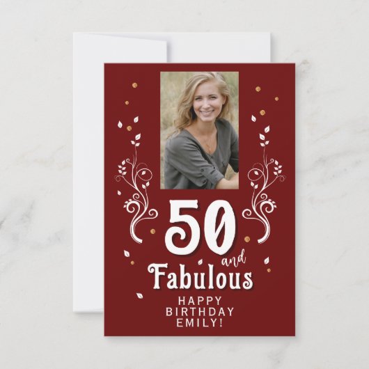 50 and Fabulous Foliage Red 50th Birthday Photo Karte (Vorderseite)